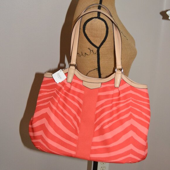 Coach NEW orange Devin Stripe Signature Exotic colorful leather strap tote bag - Picture 1 of 15